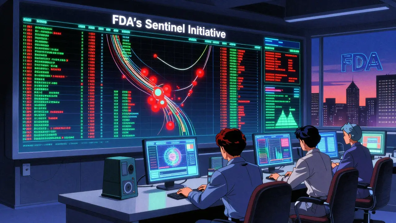 FDA control room with glowing data streams tracking generic drug side effects, analysts monitoring holograms in retro anime aesthetic.