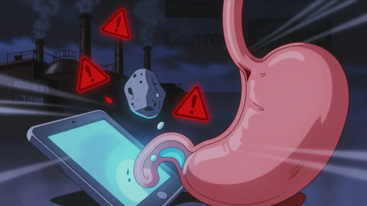 Generic tablet dissolving unevenly in stomach, warning symbols swirling around, factory in background with 'Quality Control Failed' smoke.