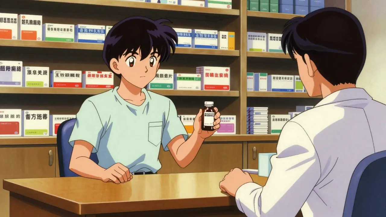 Patient showing supplement bottle to doctor in anime