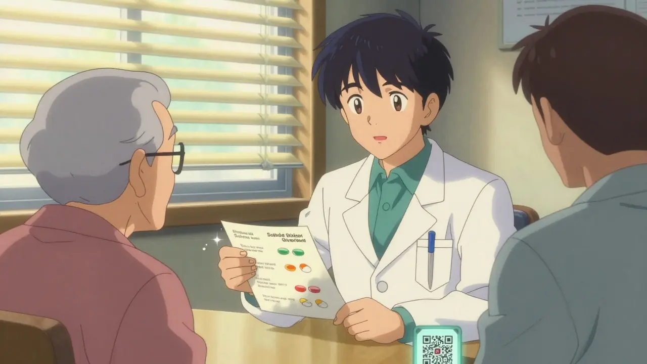 Pharmacist explaining generics to an elderly patient using a visual handout with a glowing QR code
