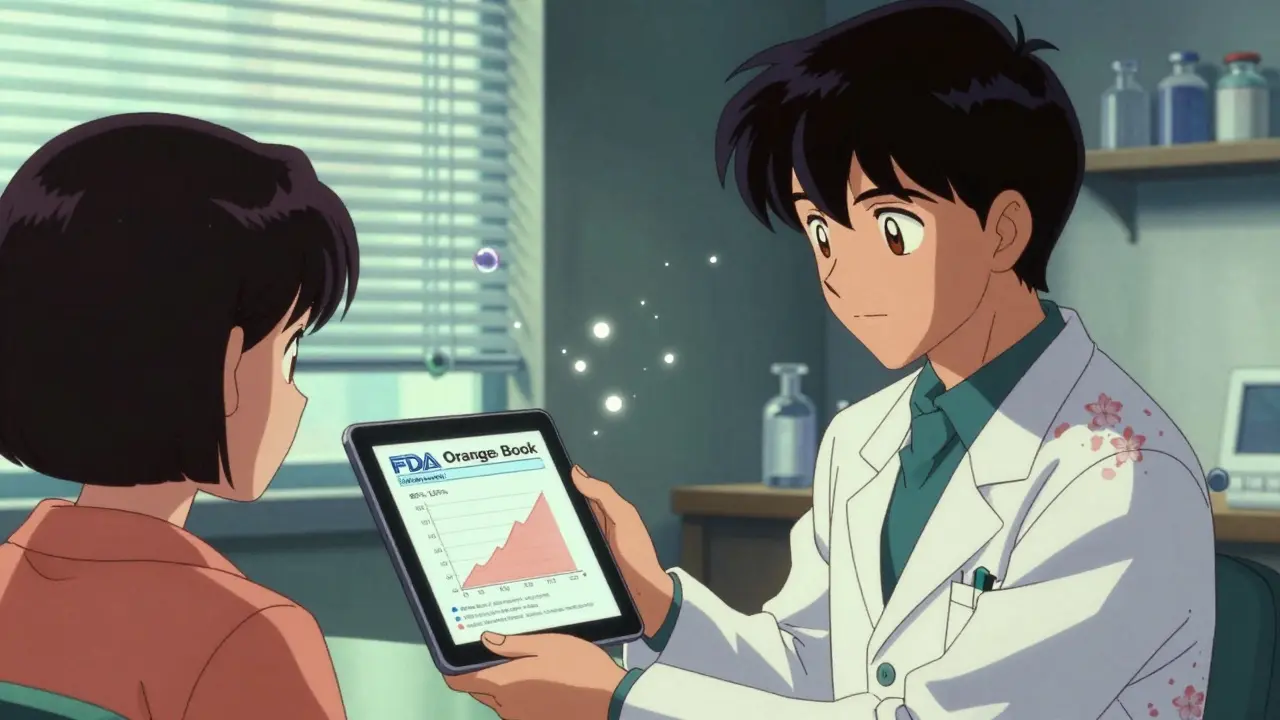 Pharmacist explains medication absorption graph on tablet to a patient in warm, retro anime lighting.