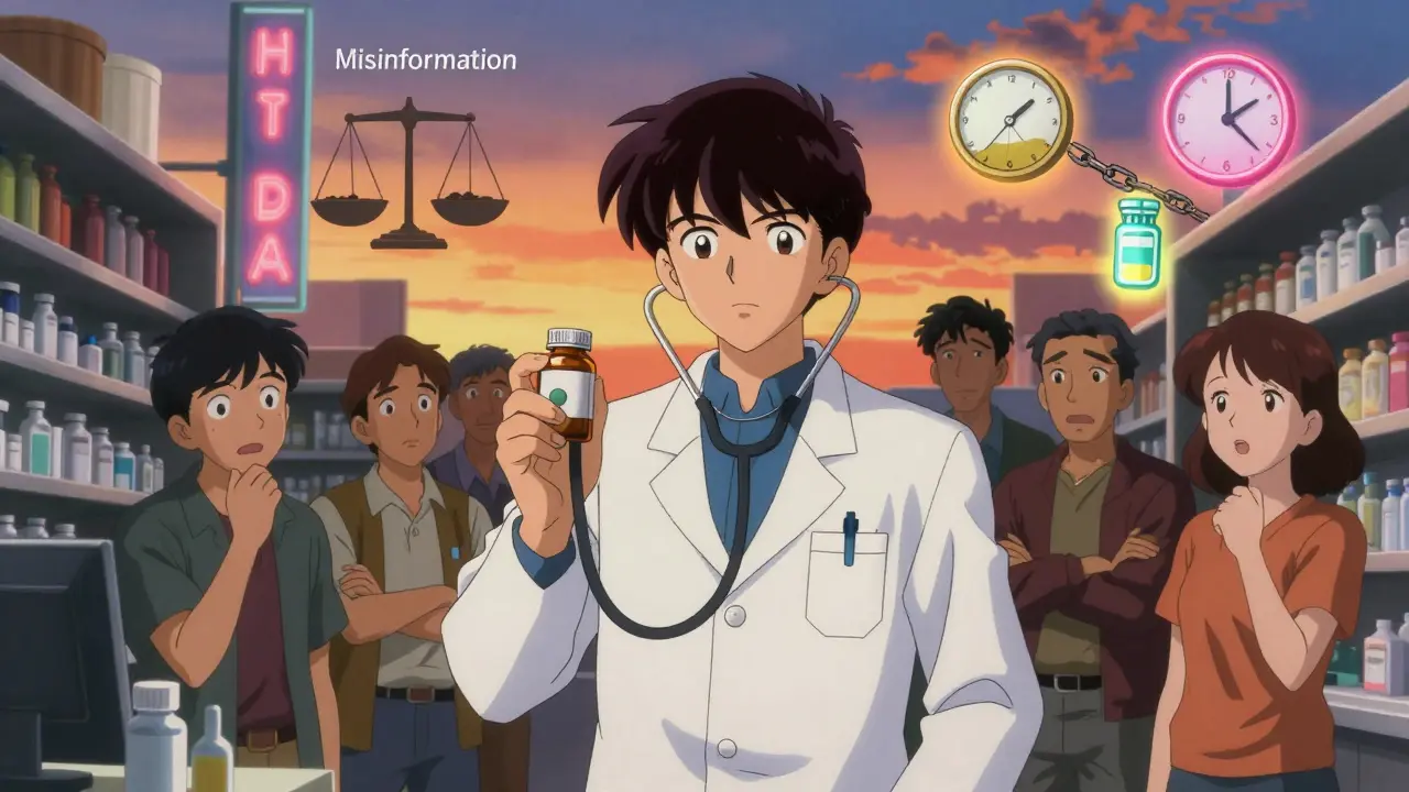 Pharmacist surrounded by symbolic icons representing cost, safety, and misinformation in a busy pharmacy