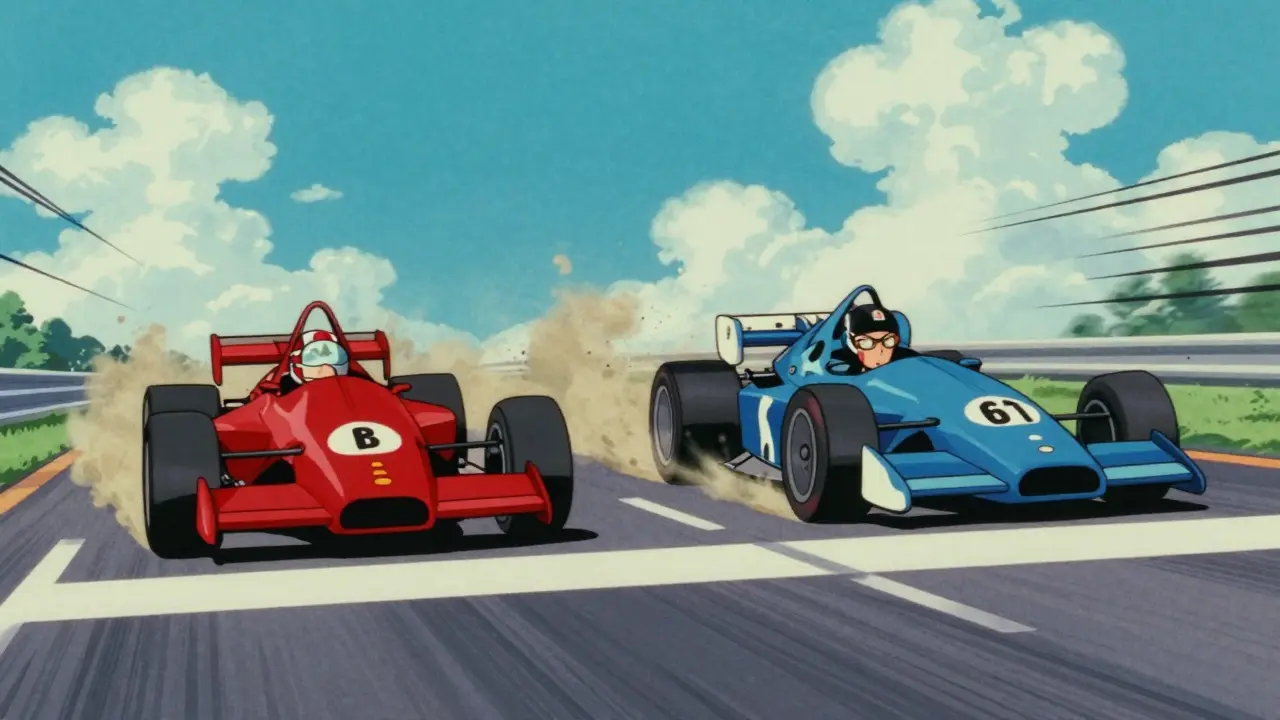 Two race cars driving side by side on a sunny road