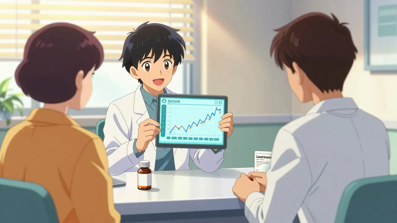 A doctor and patient reviewing thyroid test results in a bright retro anime clinic.