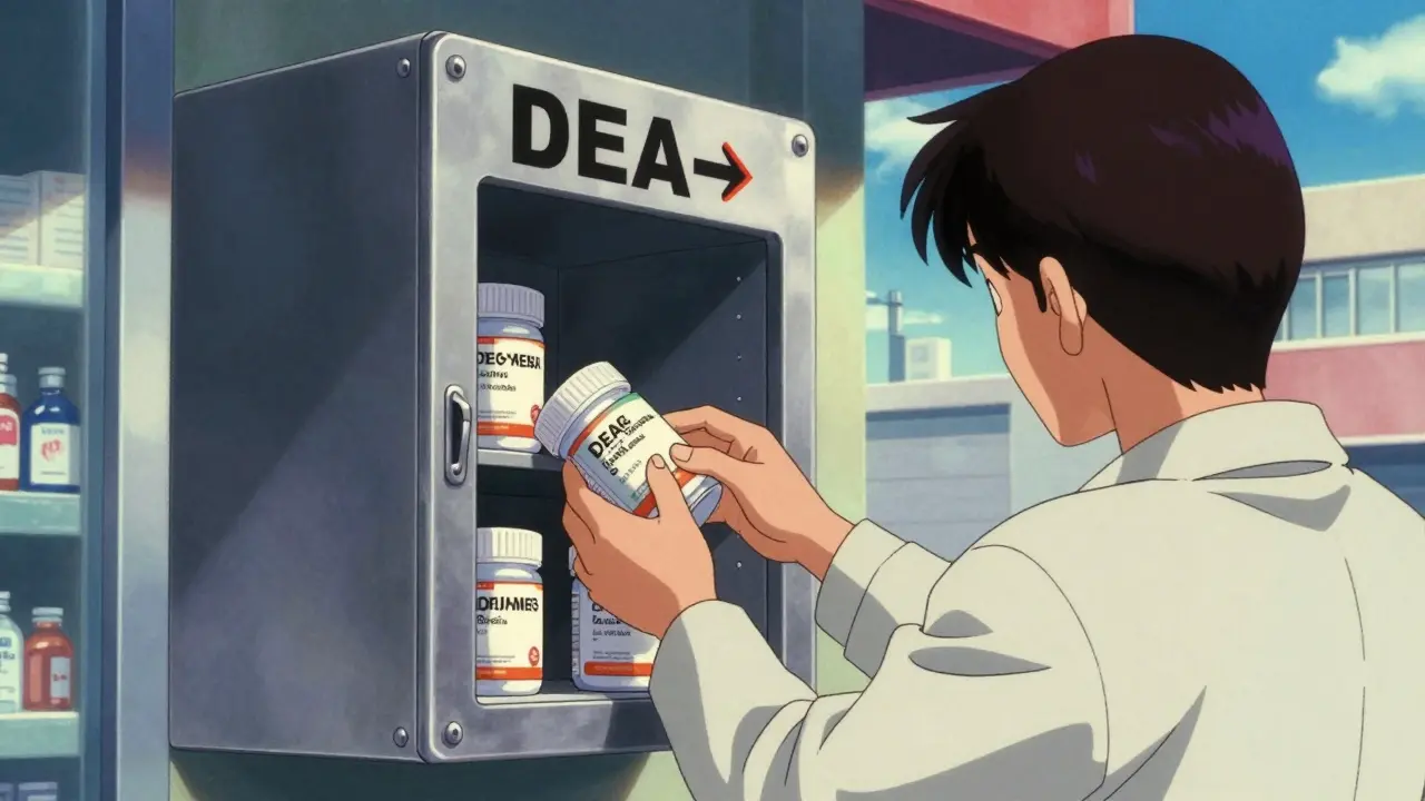 A person disposing of old medications in a secure pharmacy take-back kiosk in retro anime style.