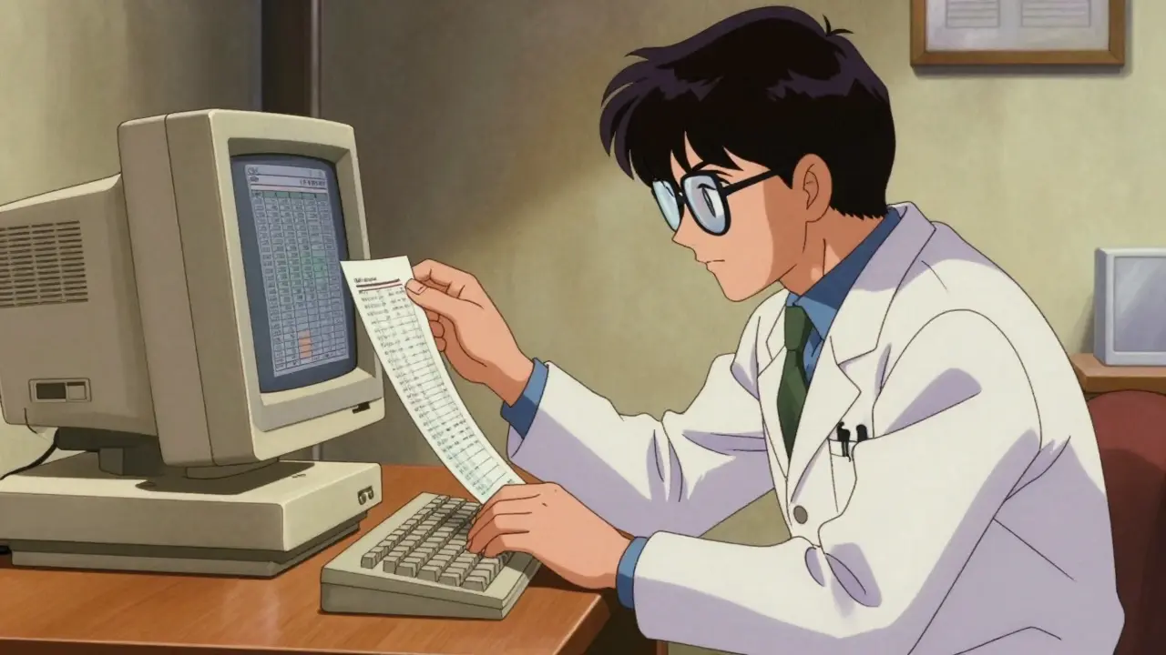 A pharmacist searching for drug information on a vintage computer in retro anime style.
