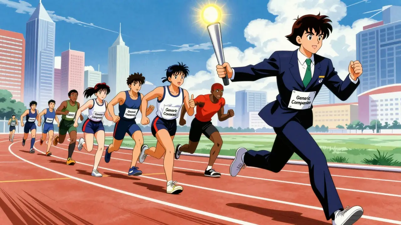A relay race symbolizing the transition from brand-name drugs to generics in retro anime style.