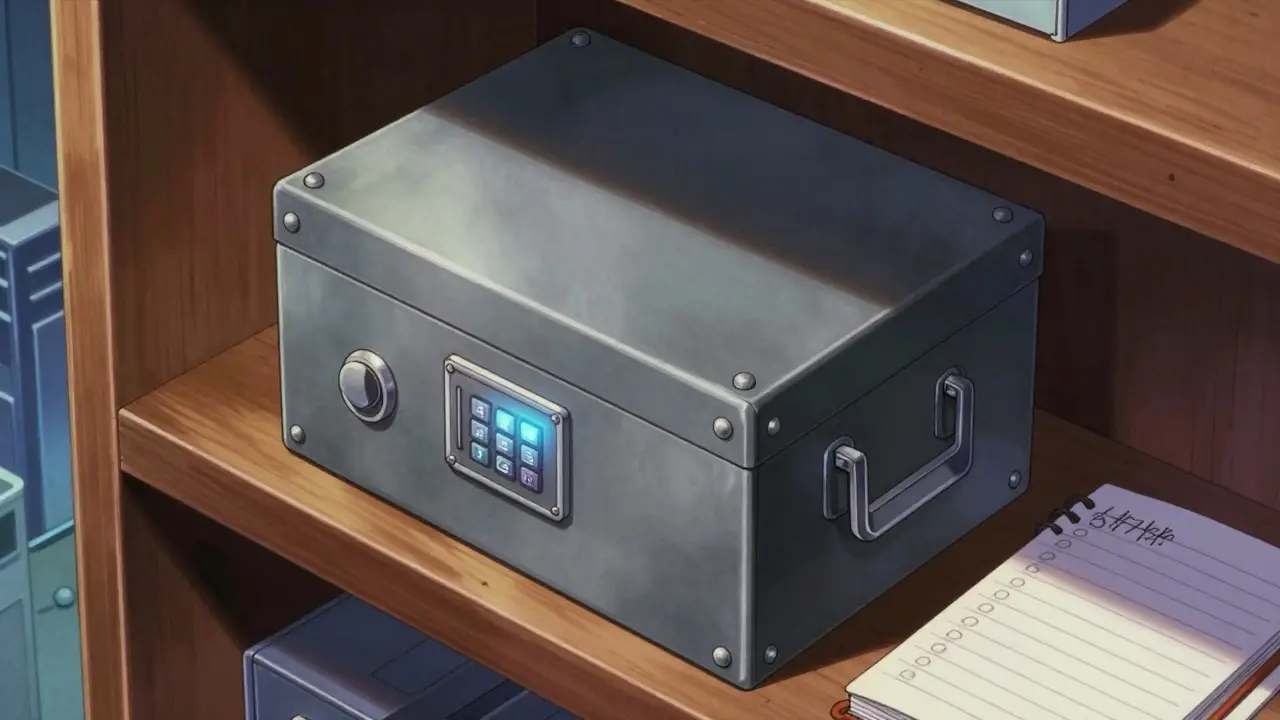A secure digital lockbox on a high shelf next to a medication log in retro anime style.