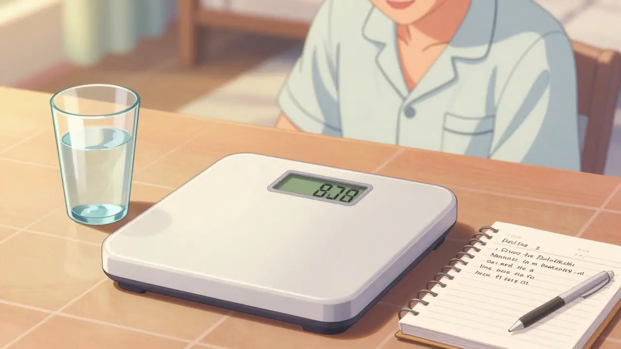 A vintage scale, water glass, and health log in a nostalgic anime morning setting.