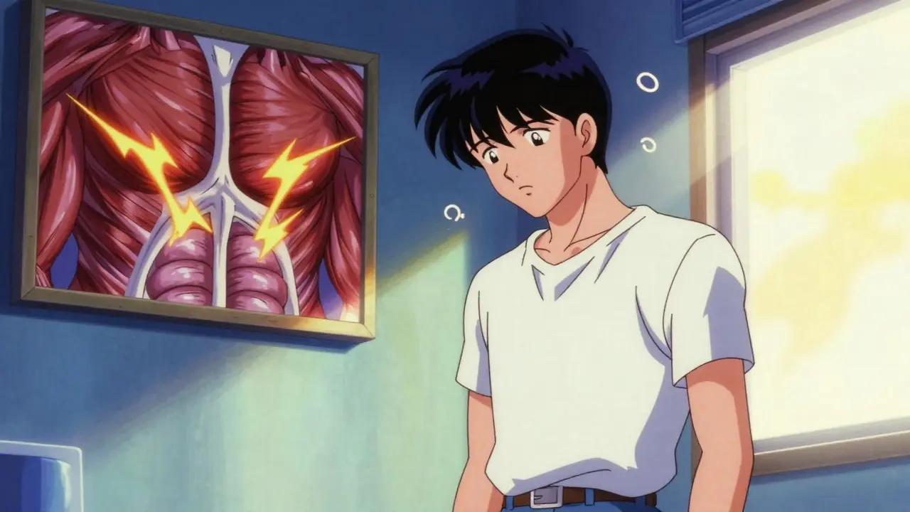 Anime character feeling dizzy with visual representations of muscle cramps.