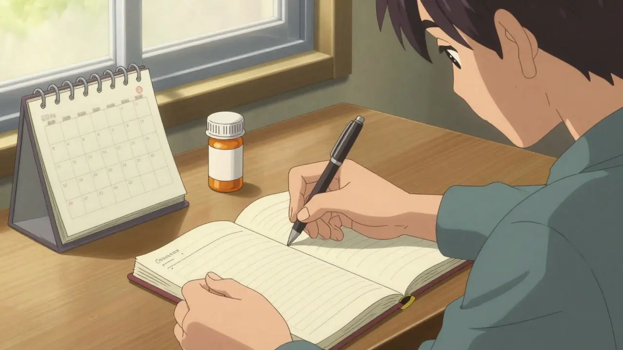 Anime character writing medication dates in a logbook by a sunny window