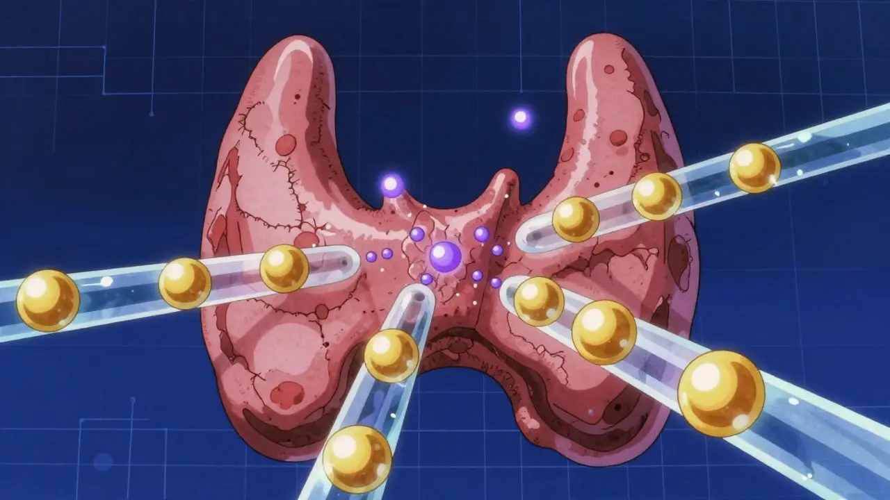 Conceptual retro anime art showing lithium blocking hormones in the thyroid.