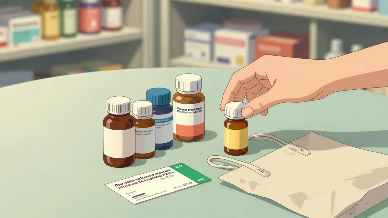 Hand selecting a medication bottle on a table next to a coupon, representing safe online pharmacy shopping.