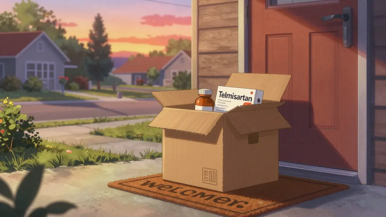 Medication delivery package arriving at a home doorstep in retro anime style.