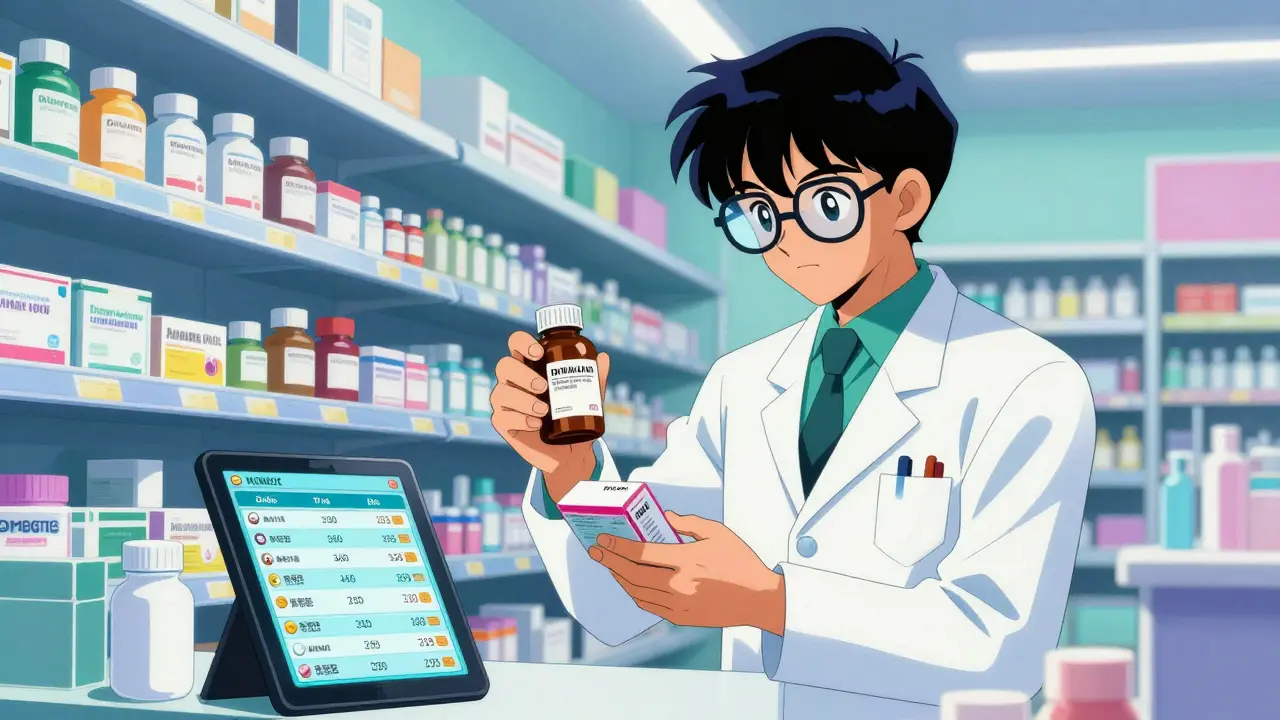 Pharmacist organizing medication and checking prices on a tablet in retro anime style.