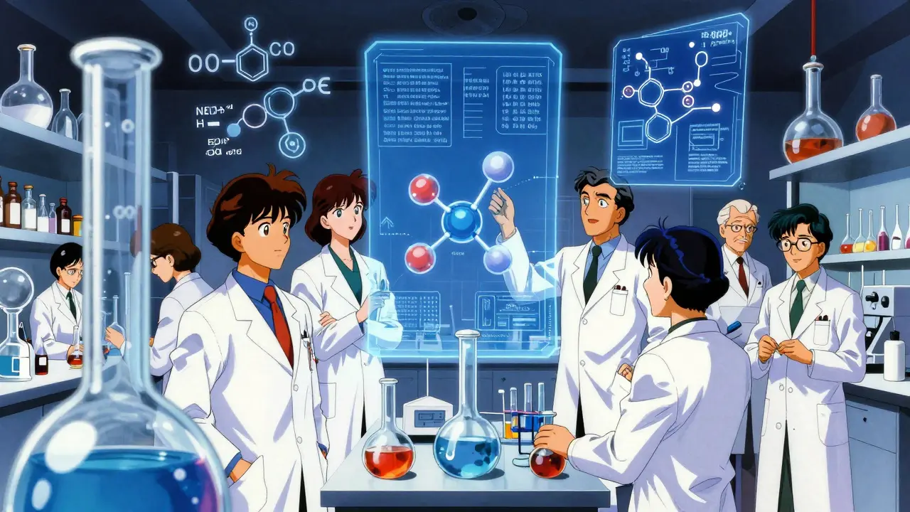 Scientists in a lab analyzing a drug blueprint in a vintage anime aesthetic.