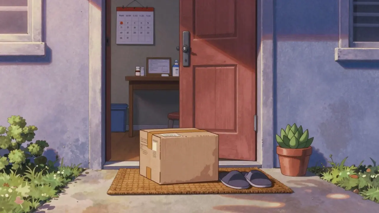 Sealed delivery package resting on a suburban welcome mat during golden hour, showing secure home shipping.
