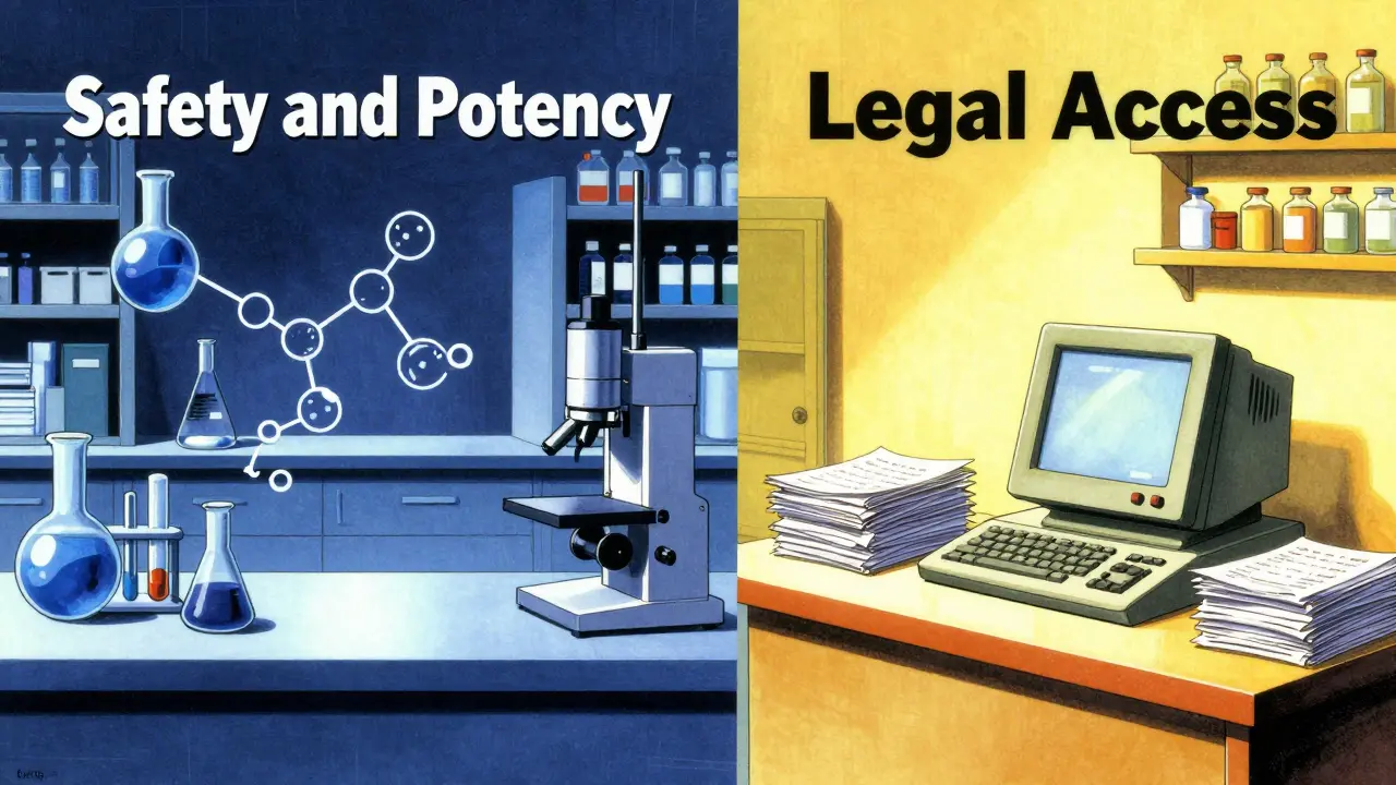 Split screen showing a science lab and a pharmacy counter in retro anime style