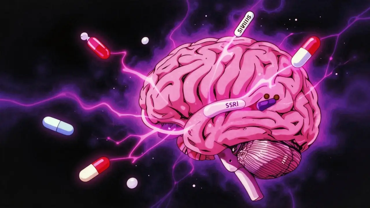 Abstract retro anime brain overwhelmed by colorful drug symbols