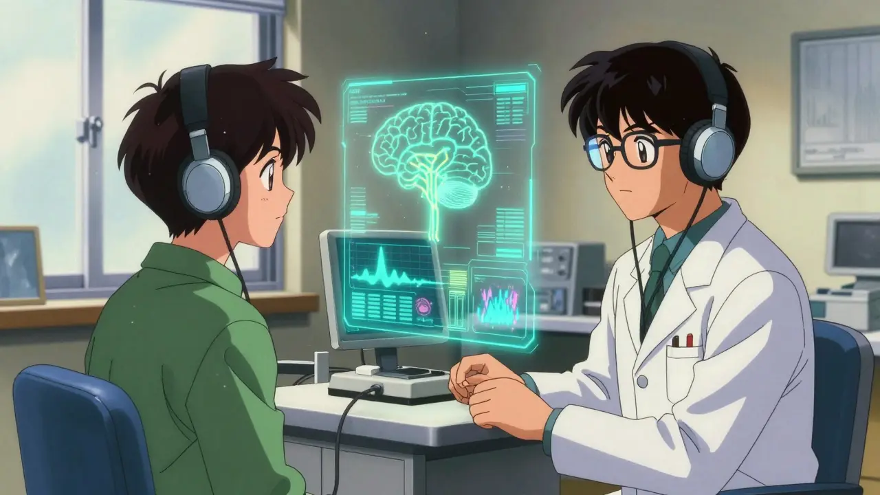 Audiologist conducting neural auditory tests with holographic visuals