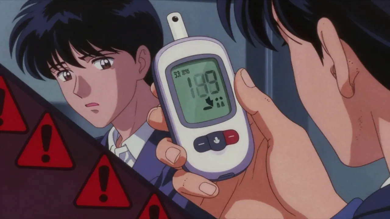 Character checking glucose monitor with alert for low blood sugar