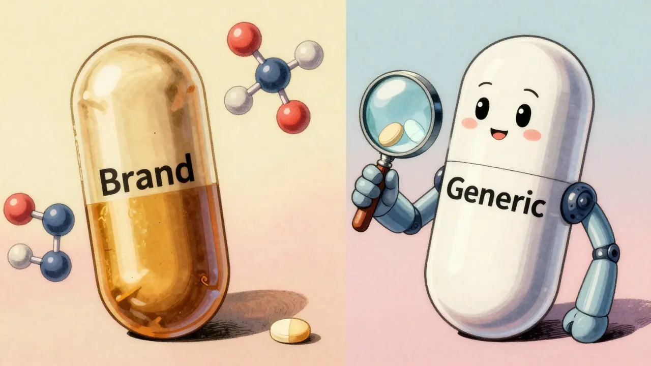 Comparison of brand vs generic pills with pharmacist checking quality in vintage art