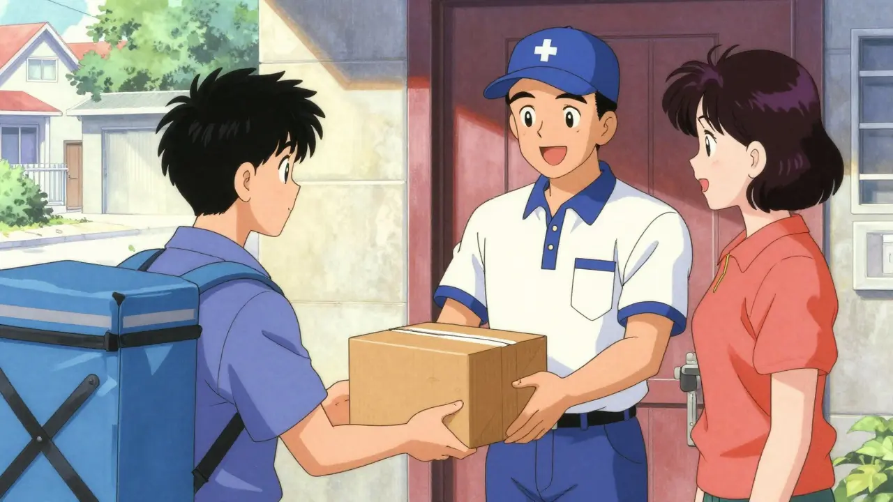 Delivery person handing sealed medication package to a customer.