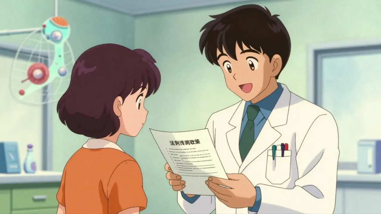 Doctor and patient reviewing successful coverage plan in clinic.