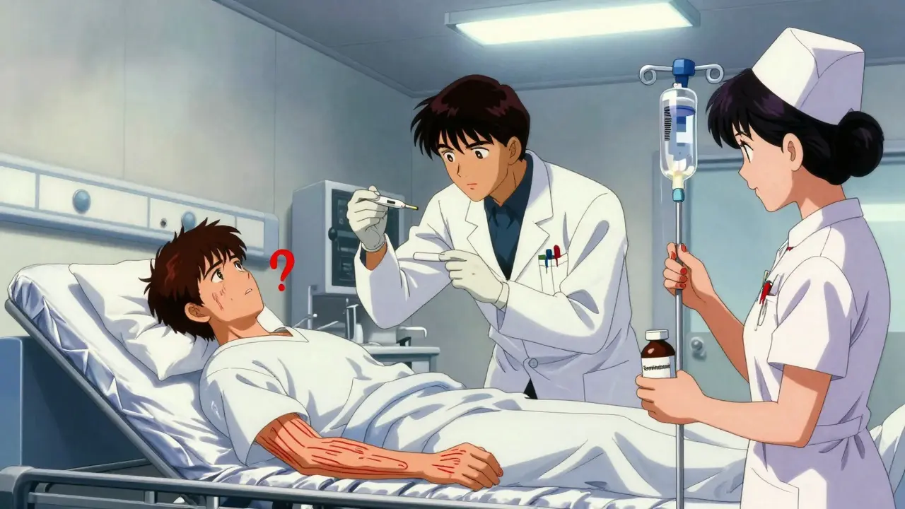 Doctor treating a patient for serotonin syndrome in an ER