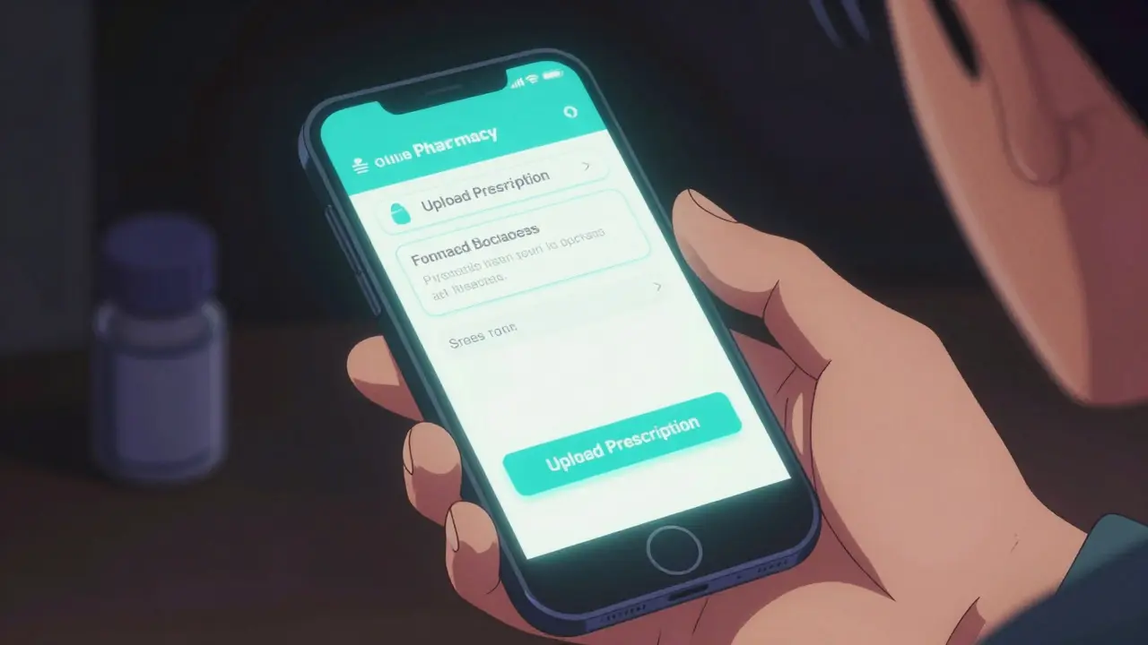 Hand uploading prescription on phone with secure glow