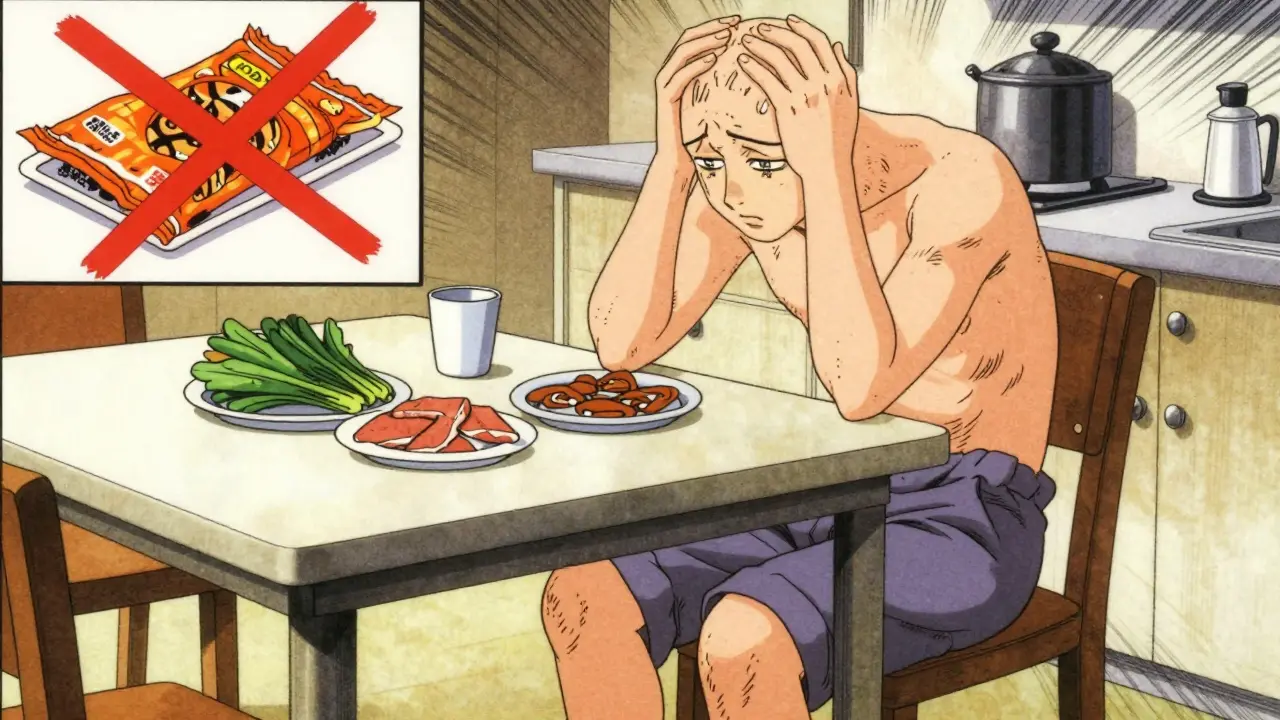Manga style patient showing signs of cirrhosis fatigue and jaundice at a table.