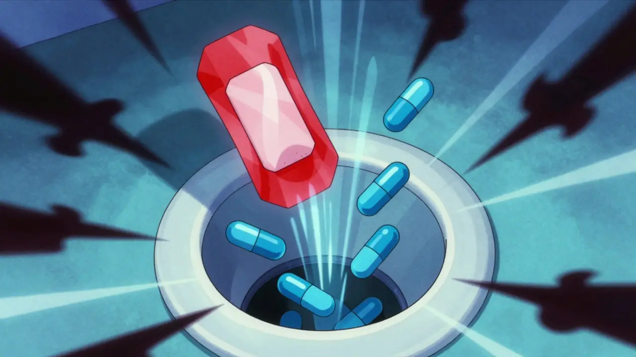 Opioid pills and patch swirling down a toilet drain in retro anime style