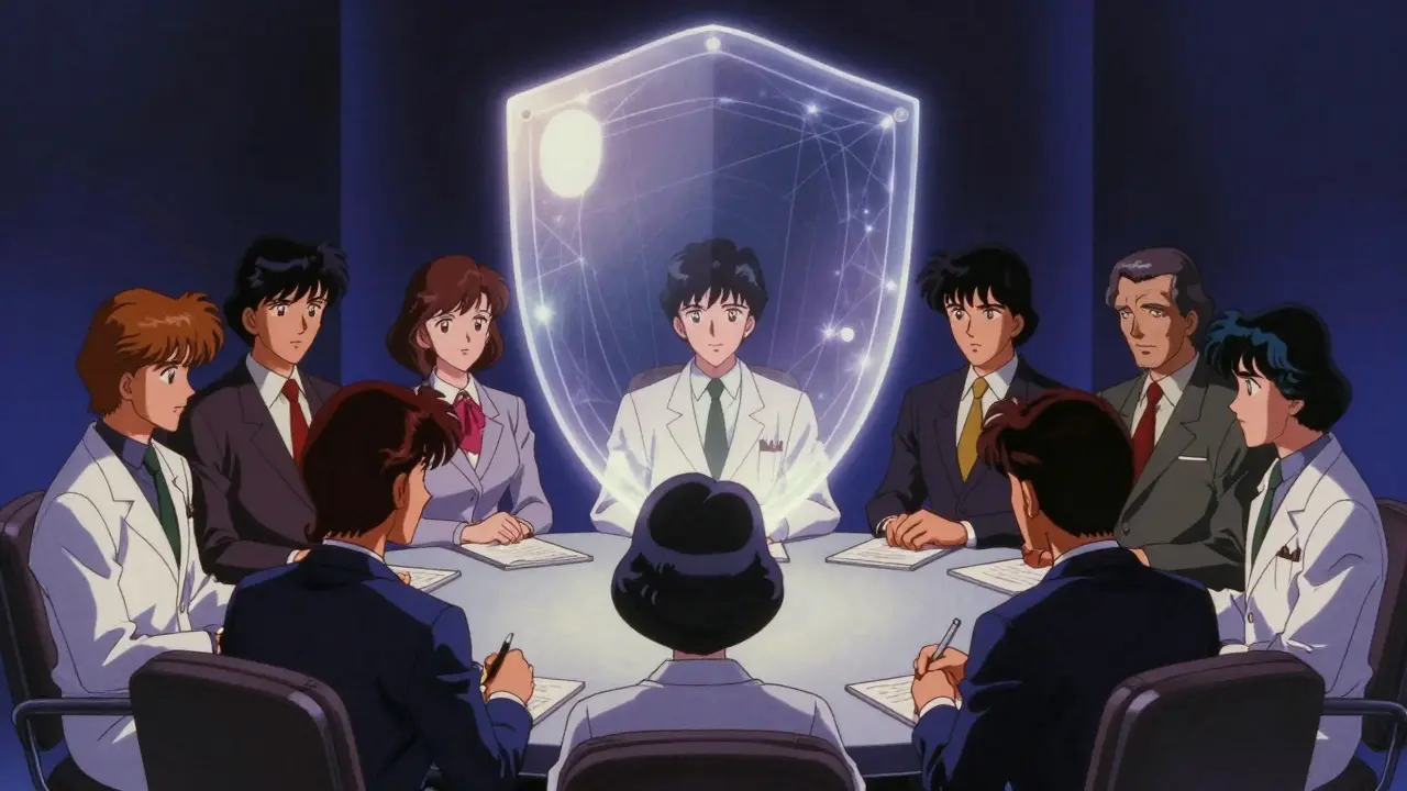 Oversight board protecting patients with a glowing shield in anime