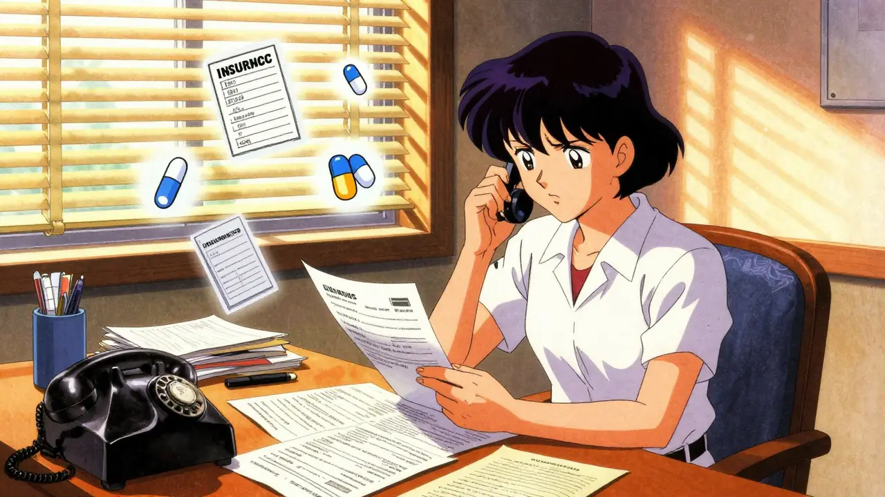Patient researching insurance forms at desk with floating icons.