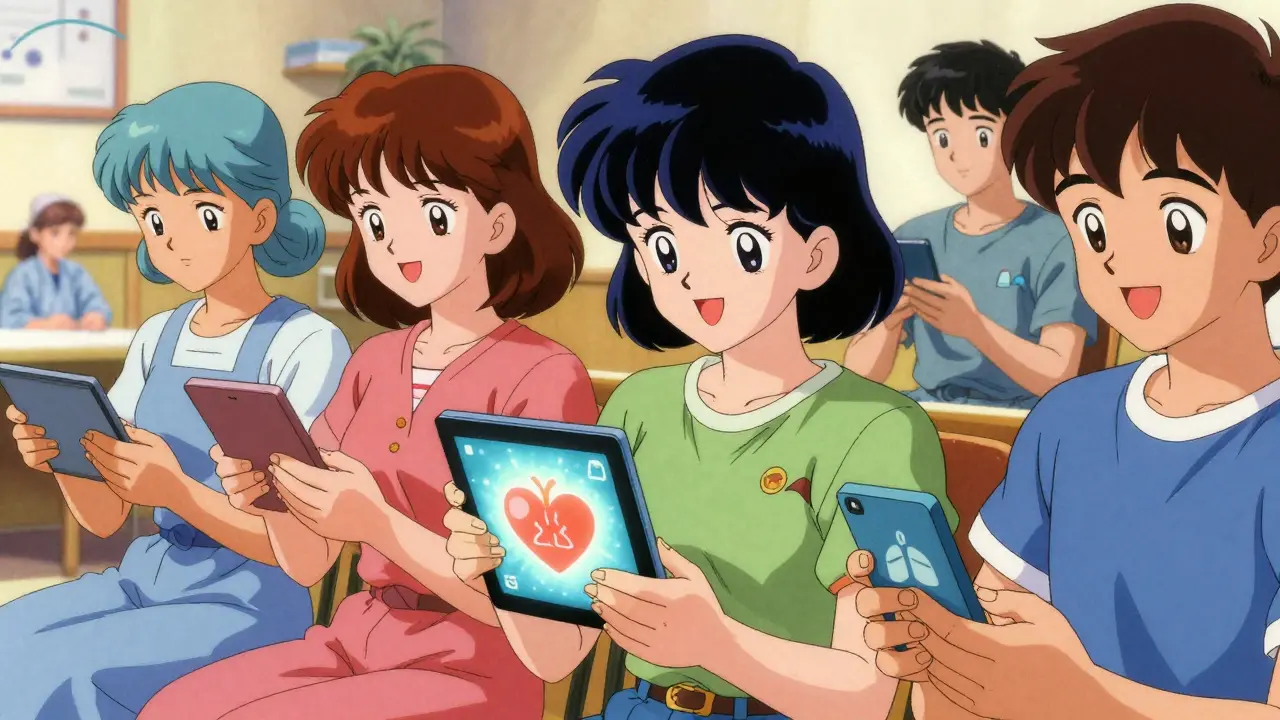 Patients using devices for health education in a group