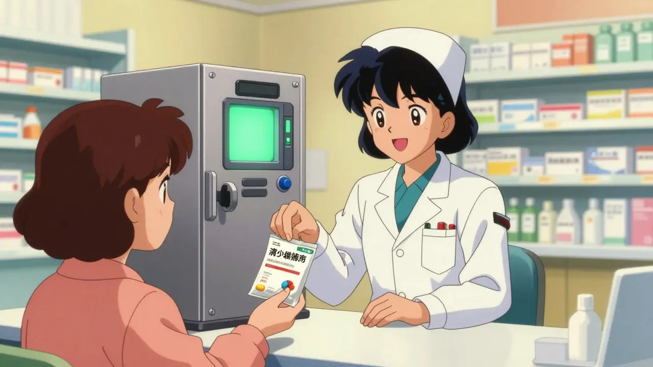 Pharmacist accepting medication drop-off at a secure pharmacy kiosk