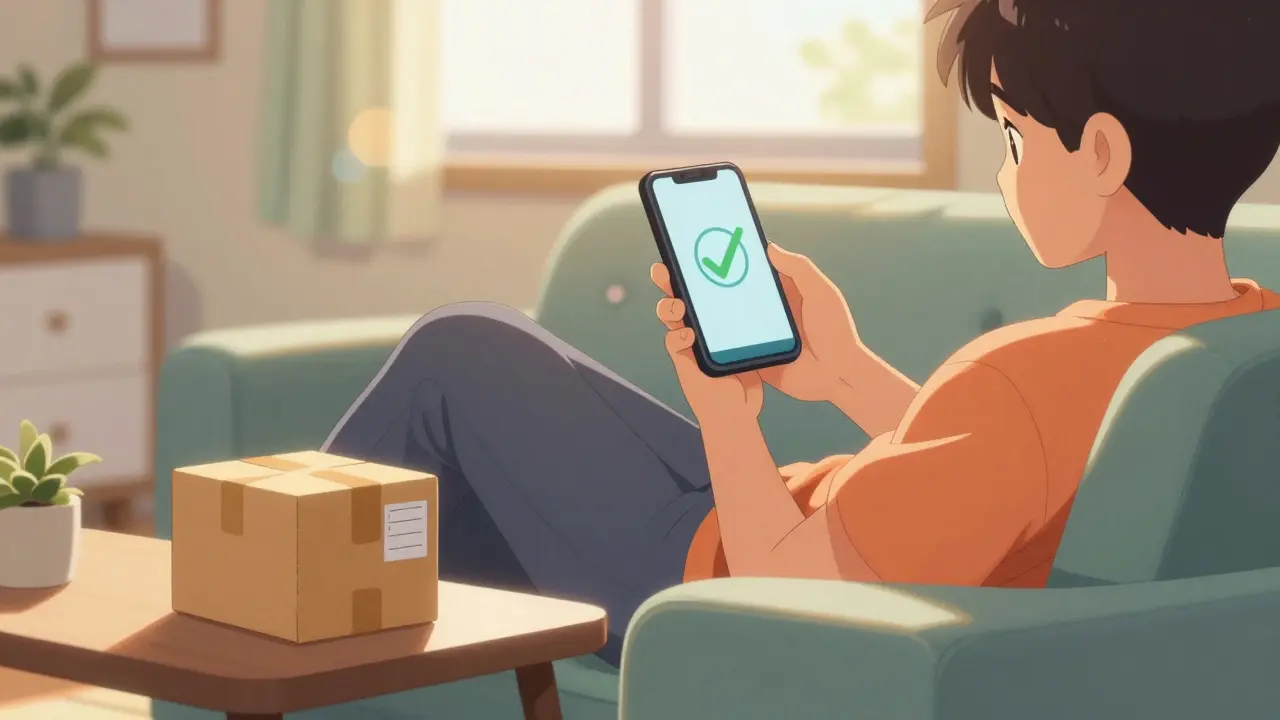 Relieved person receiving medication package at home in cozy retro anime setting