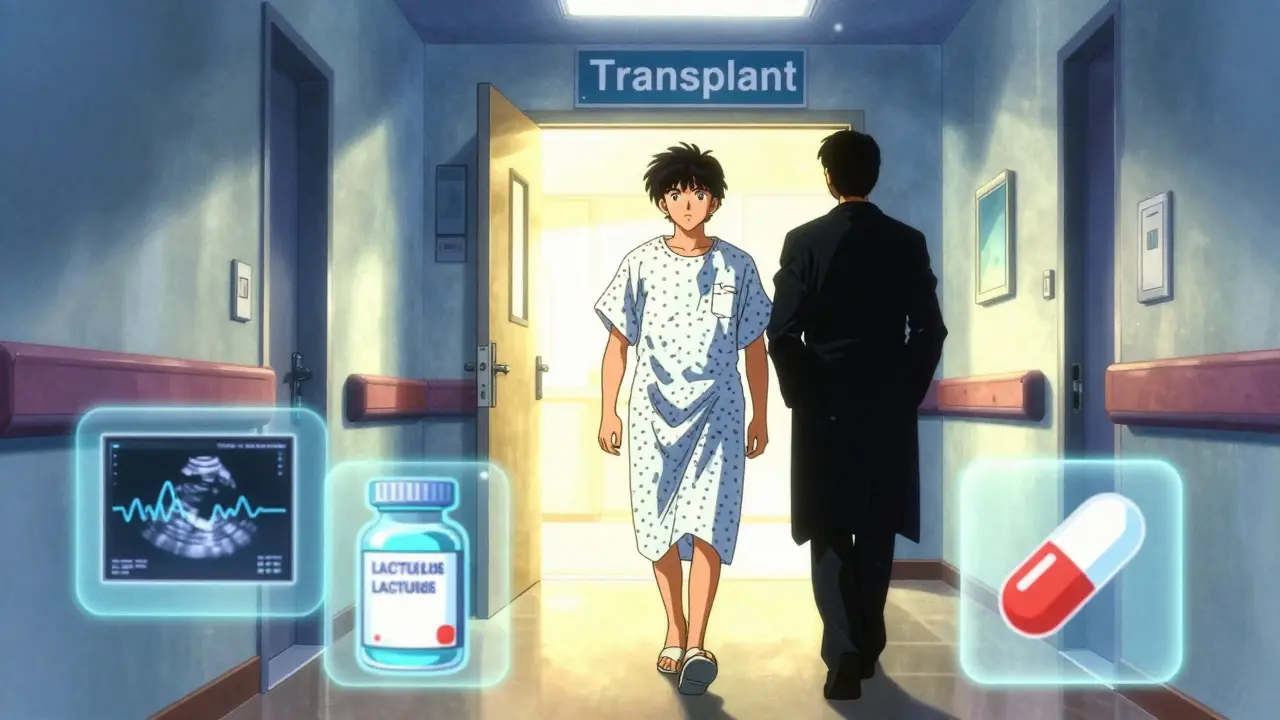 Retro anime scene of a patient walking toward a liver transplant surgery room.
