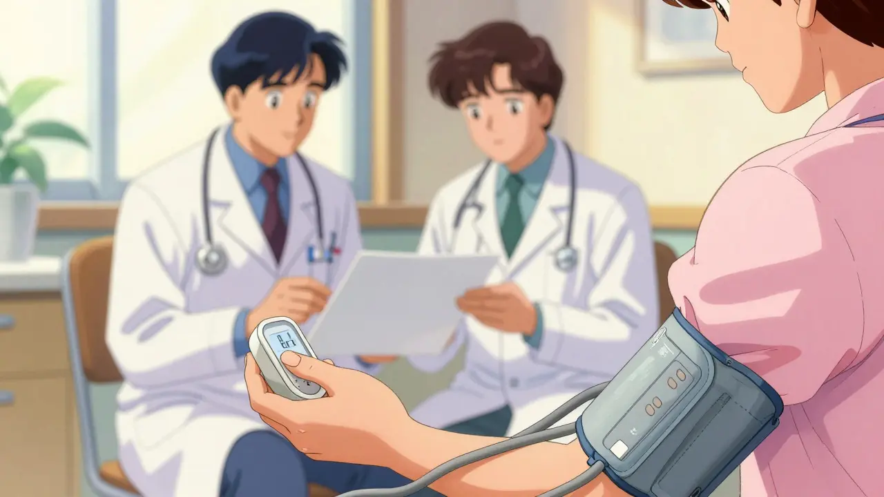 Retro anime scene of patient monitoring blood pressure with doctor support