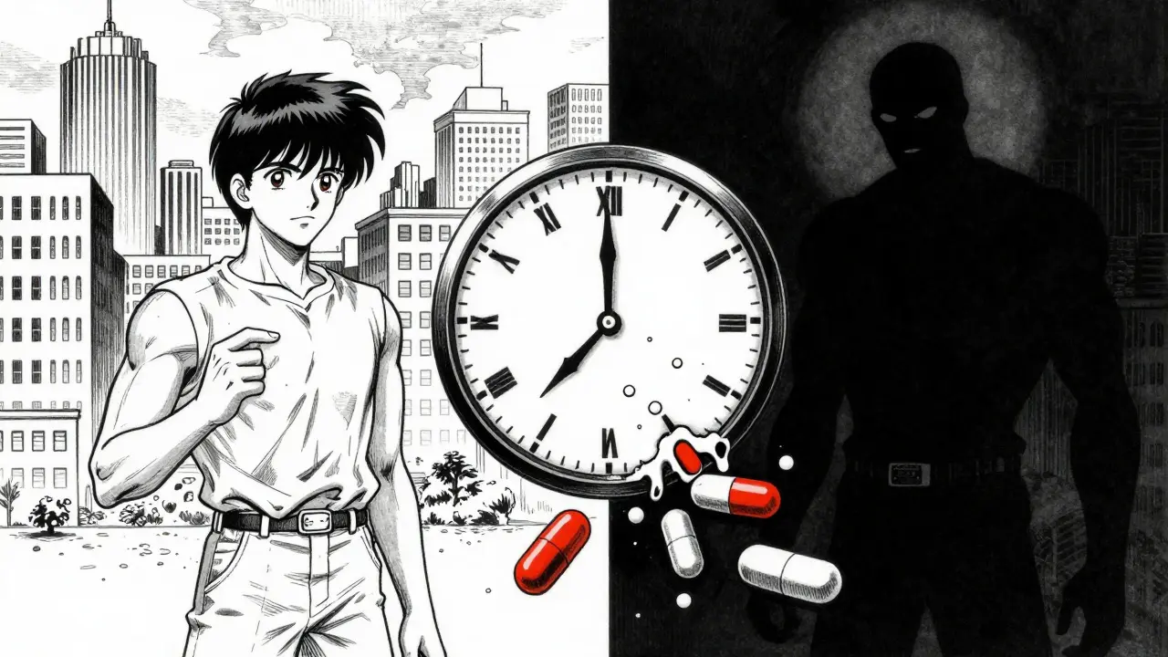 Retro manga art showing antibiotic resistance and time clock