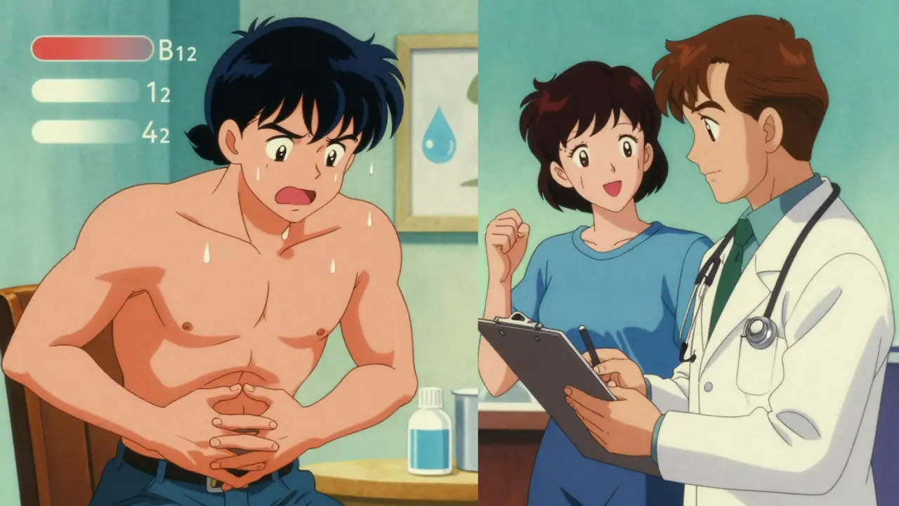 Split scene showing stomach pain vs doctor consultation for diabetes