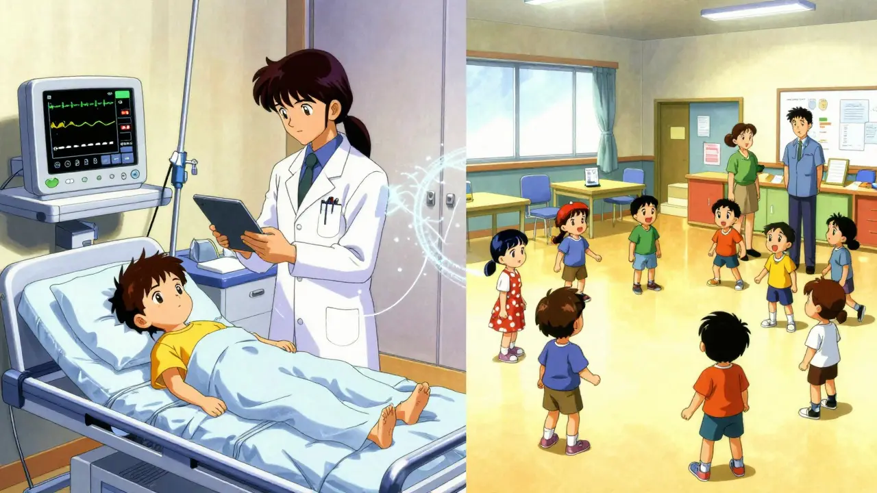 Split view of ICU care and community safety in retro anime style