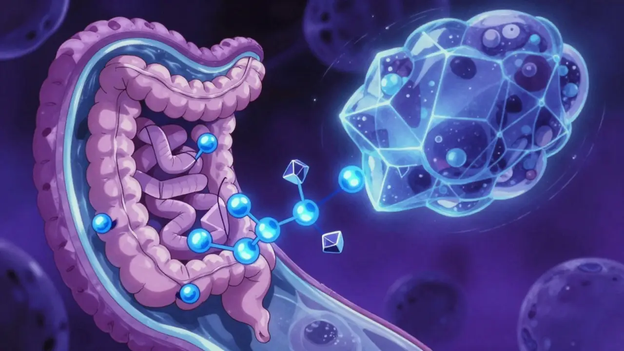 Stylized animation of calcium binding to antibiotics in gut