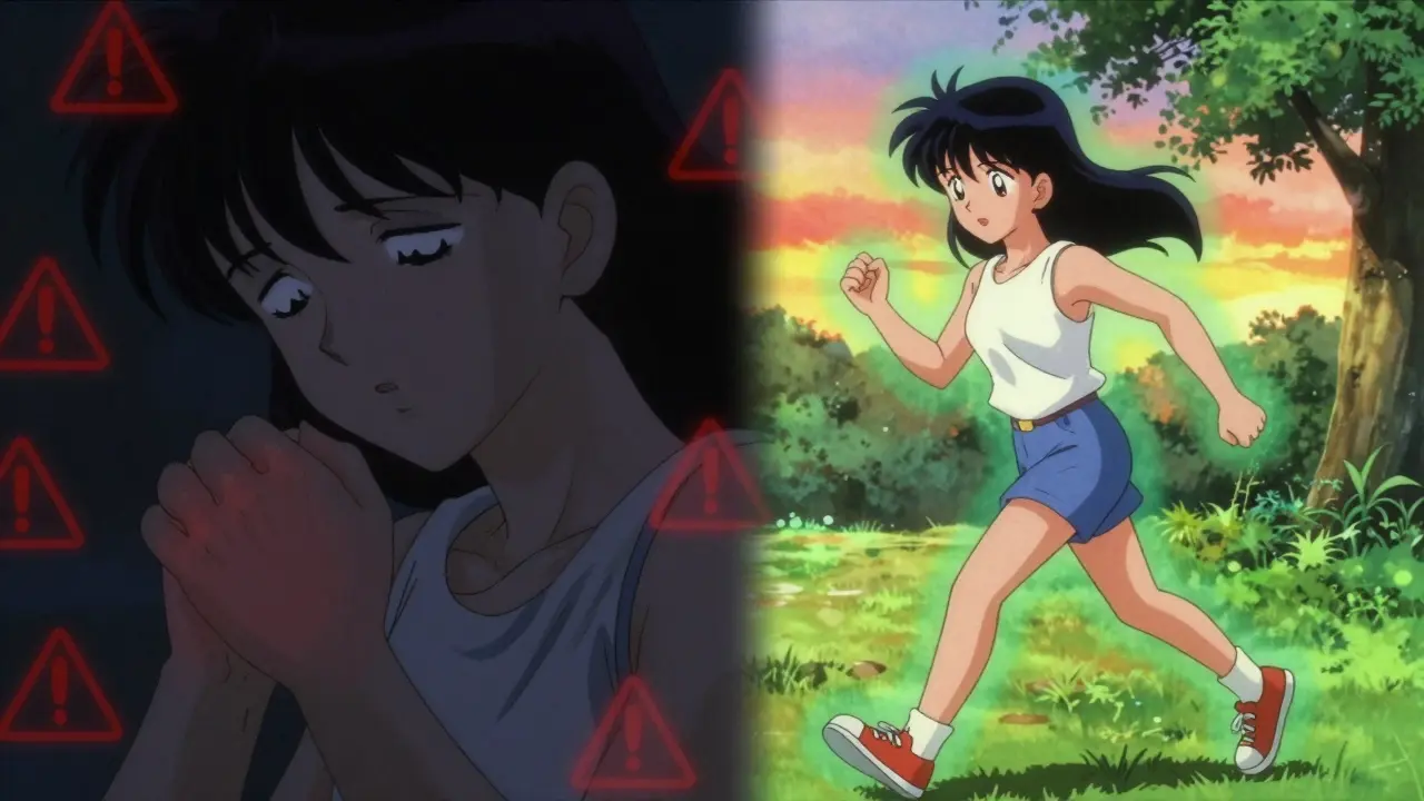 Vintage anime art contrasting steroid withdrawal fatigue with healthy recovery