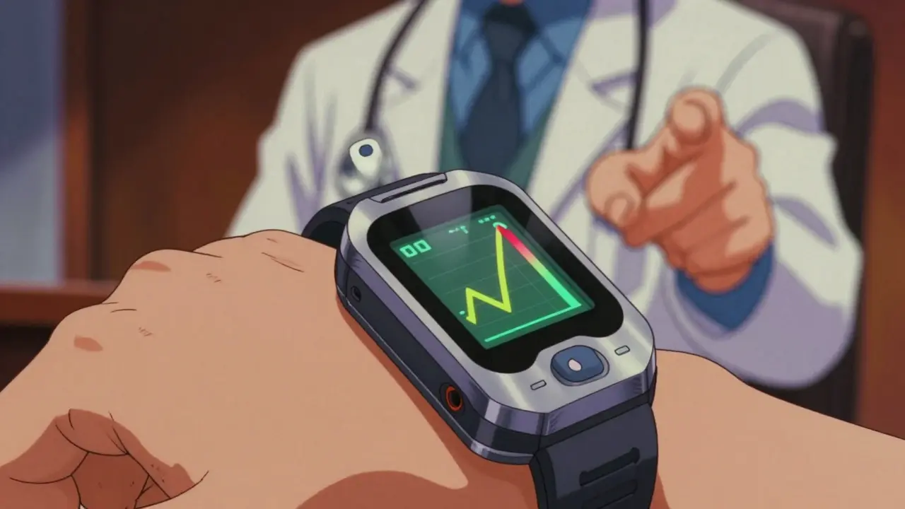 Wrist-worn glucose monitor displaying rising blood sugar trends