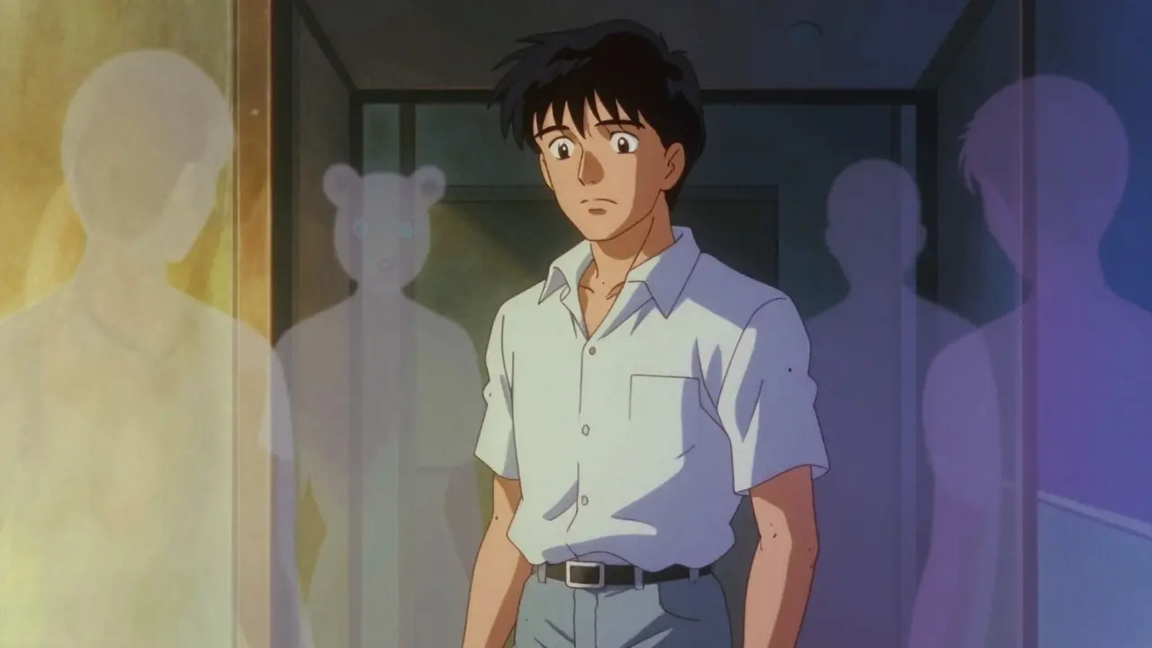 Anime figure surrounded by faint ghostly hallucinations in hall