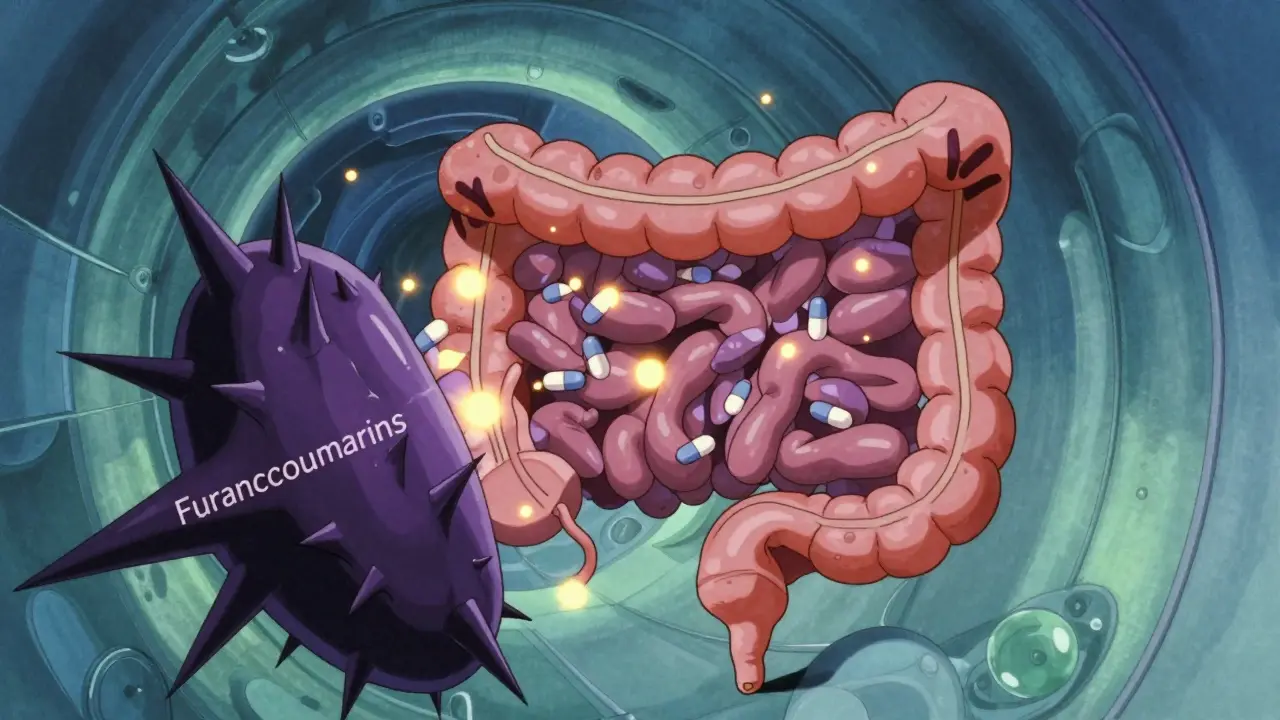 Anime style diagram showing molecules blocking enzymes in gut