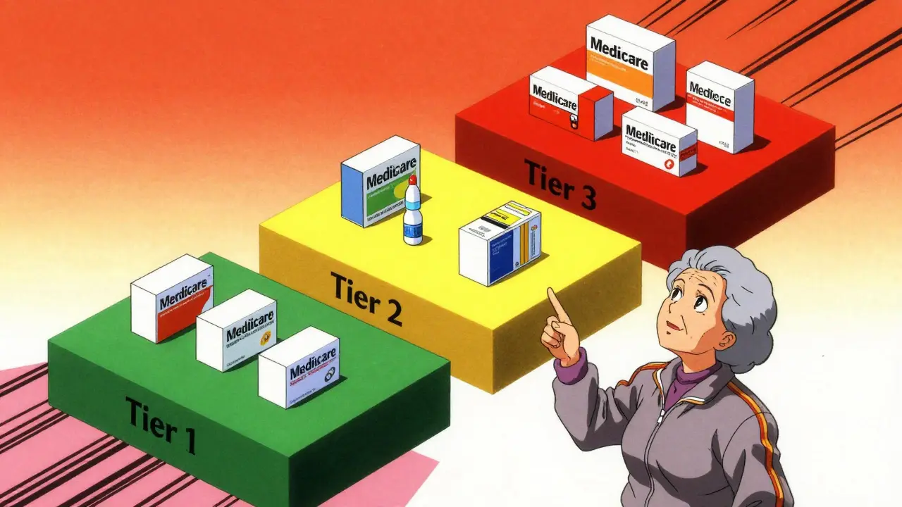 Conceptual art of drug cost tiers with an elderly woman looking up in retro anime style.