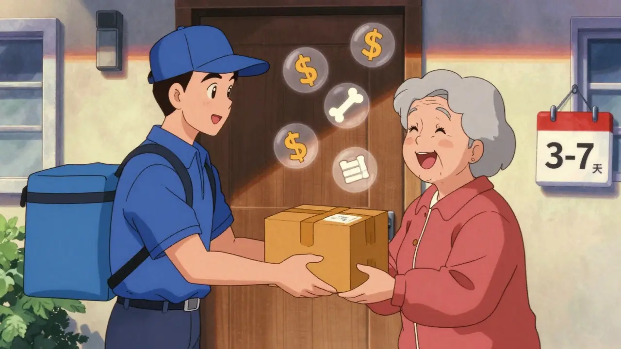 Courier delivering medication package to woman in retro anime style