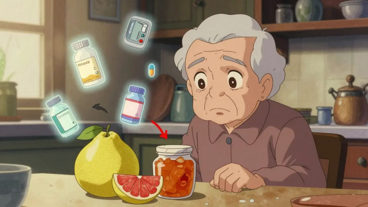 Elderly person looking worried at fruit and medication warnings